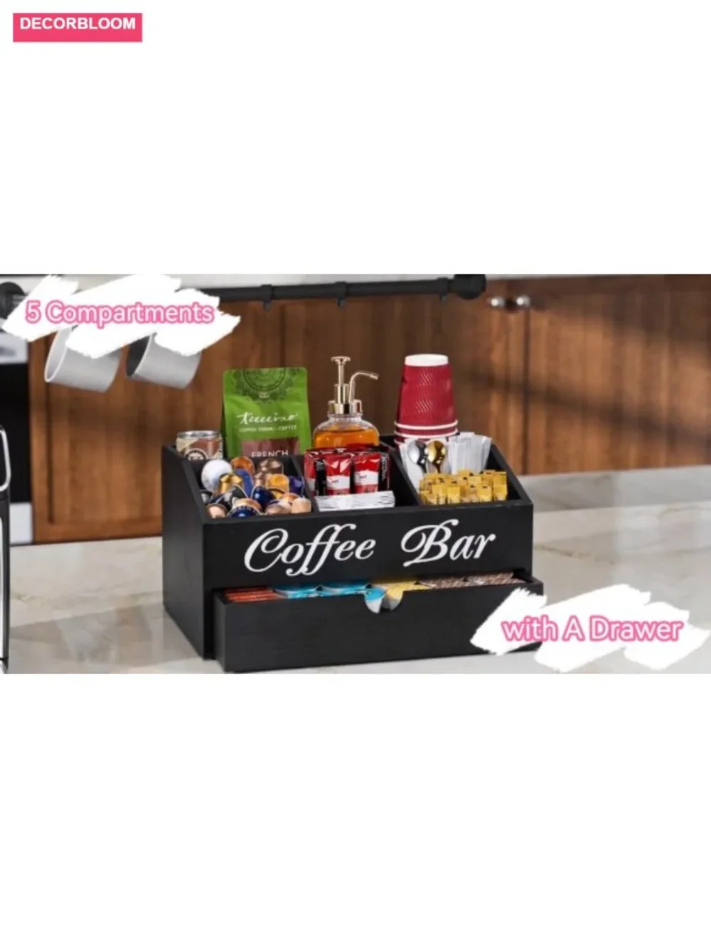 Wood Coffee Bar Organizer with Drawer, Countertop Storage, Farmhouse Tea